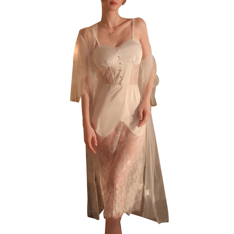 Sexy Mousse 2022 Women Sweet and Comfortable Nightgown Lace Mesh Perspective Sling Nightdress Lace-Up Robe Women's Homewear Set