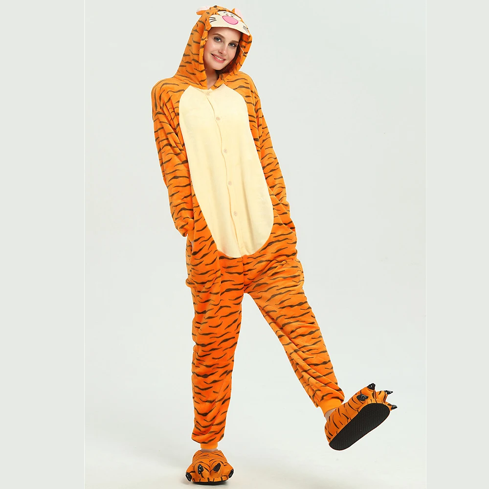 Unisex Adult Onesie Tiger Pajamas Set Flannel Cartoon Cosplay Animal One Piece Halloween Costume Sleepwear Christmas Homewear
