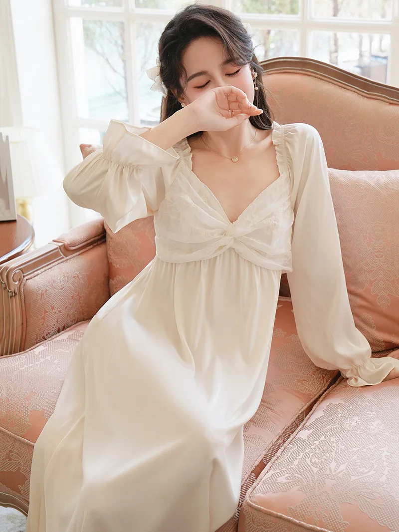 Women French Vintage Princess Sleepwear Spring Autumn Long Silk Pajama Nightdress Fairy Ruffles Kink Lace Victorian Nightgowns