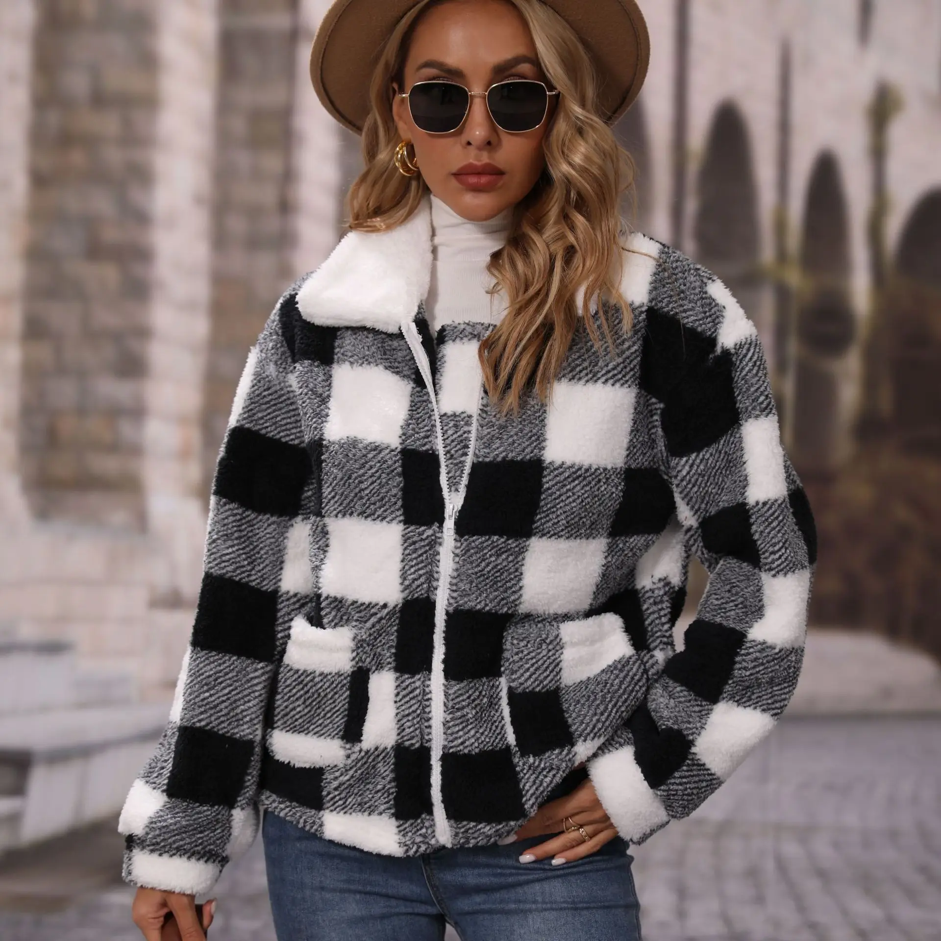 Plaid Fleece Jacket For Women Plush Thick Outerwear Korean Fashion Lapel Long Sleeve Zipper Loose Reversible Velvet Casual Coat