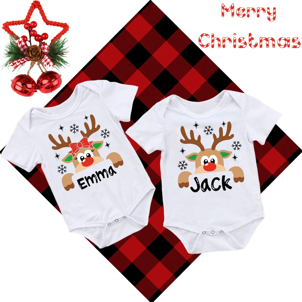 

Personalised Deer Baby Christmas Bodysuits Custom Boys Girls Clothes Twins Holiday Matching Jumpsuit Infant Short Sleeve Rompers