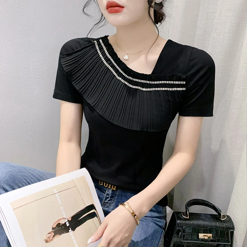 

Женская футболка с косым воротником, футболка составного кроя с коротким рукавом и оборками, модель 2023 в Корейском стиле на лето, 36134