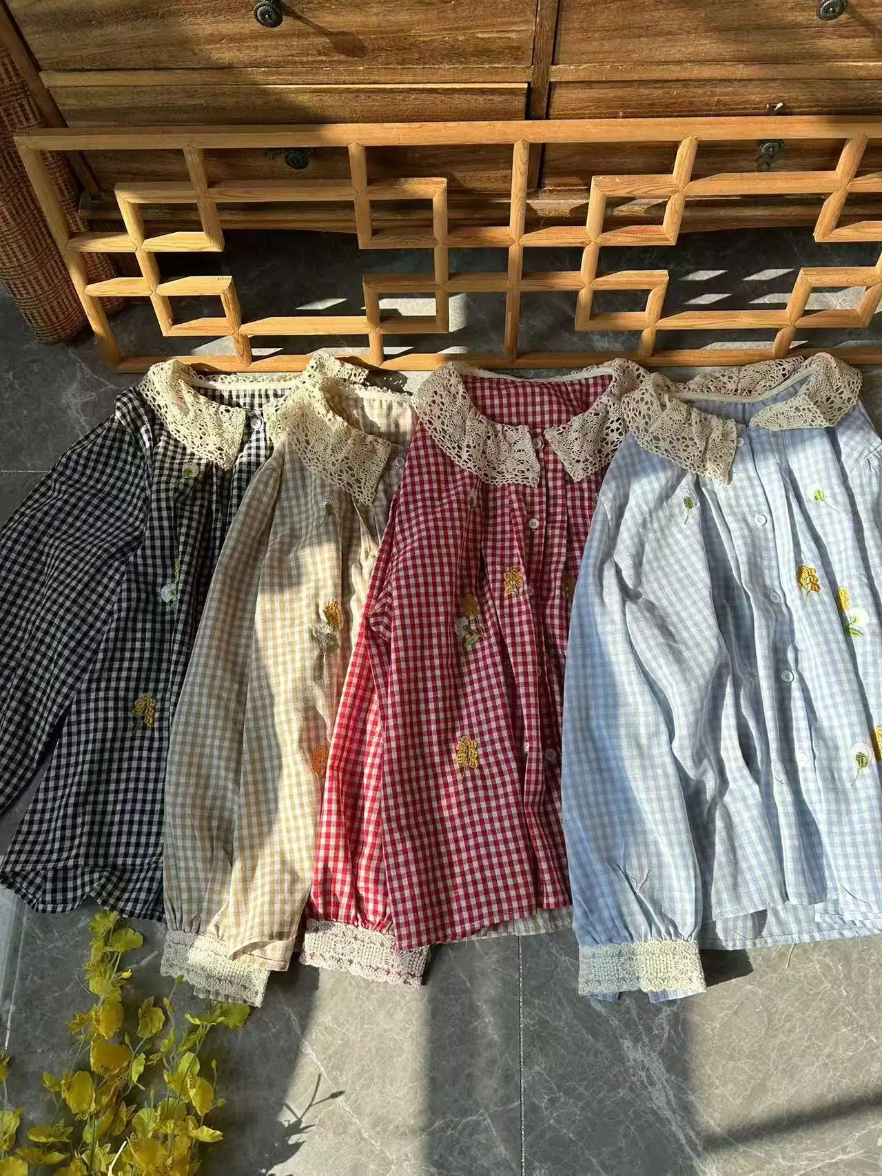 2021 японская винтажная одежда весенние кружевные рубашки и блузки в клетку с