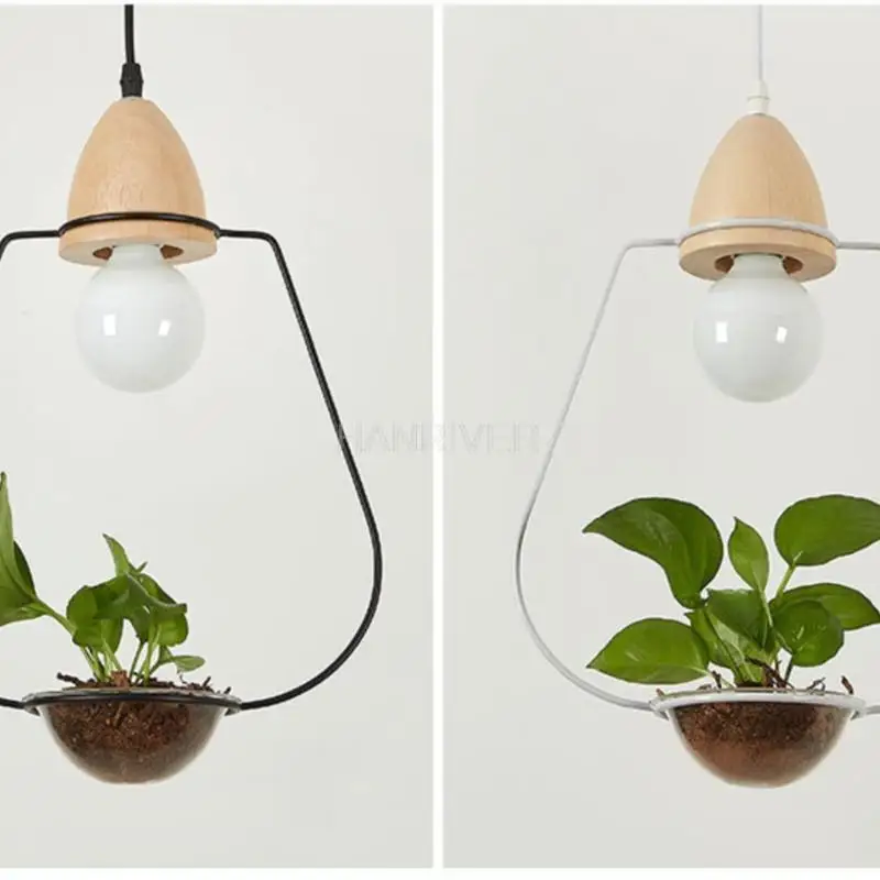 Фото Art Deco Led Plant Hanglamp Met Houten Basis E27 Creatieve Rustieke Pot Cultuur Opknoping Lamp Voor Eetkamer Cafe bar Restaurant №3