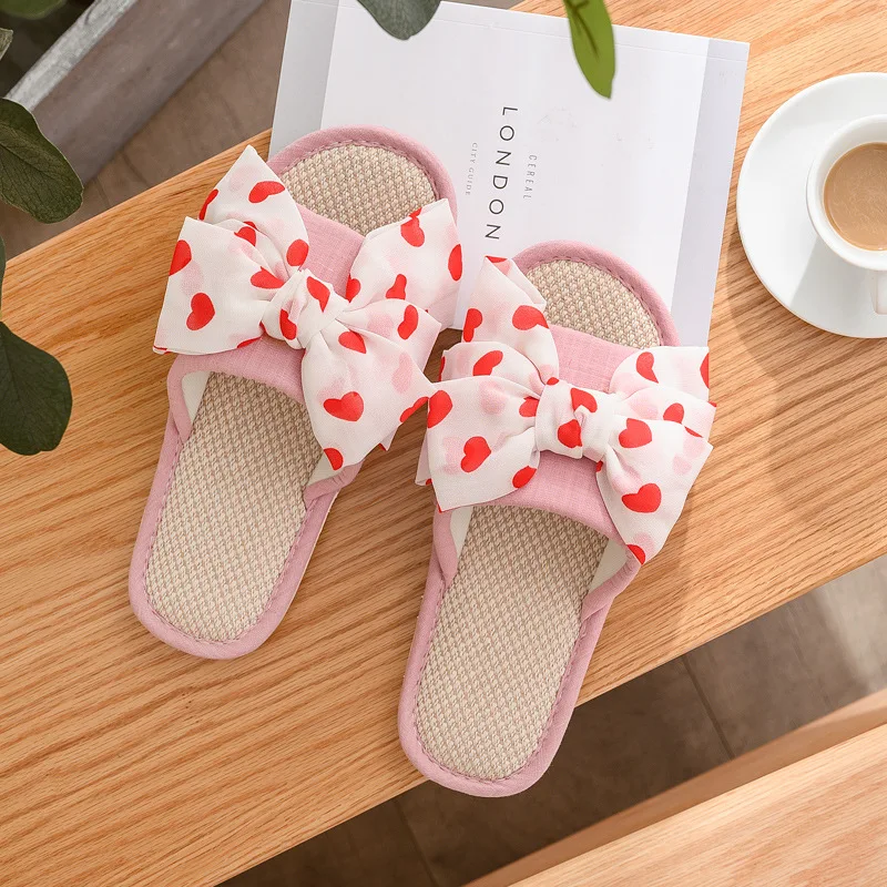 

2022 Women Indoor Slippers Solid color bow Floor Flat Shoes Polka dot love Spring Autumn Linen Home Slippers Female Comfortable