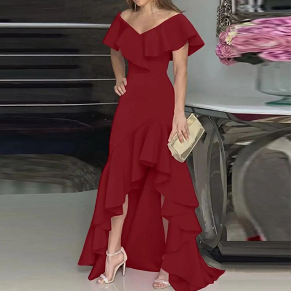 High-Waist Waist Tight Irregular High-Low Hem Party Dress Elegant Off Shoulder Ruffle Collar Dress Floor-Length Evening Dress