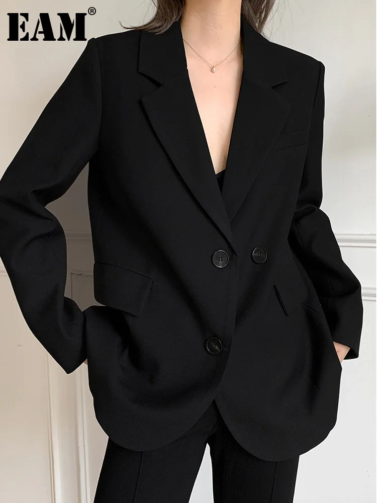 [EAM]  Women Black Brief Casual Big Size Blazer New Lapel Long Sleeve Loose Fit Jacket Fashion Tide Spring Autumn 2023 1DE9388