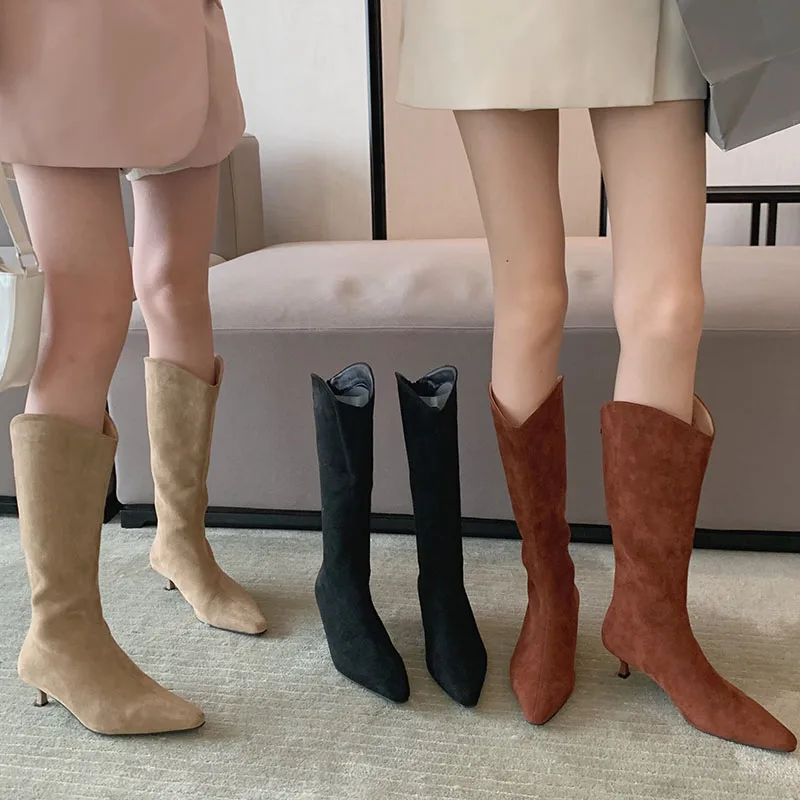 

Ladies Knee High Modern Boots For Women 2022 Autumn New Rubber Female Shoes Fashion Pointed Toe Low Heel Western Chelsea Boots