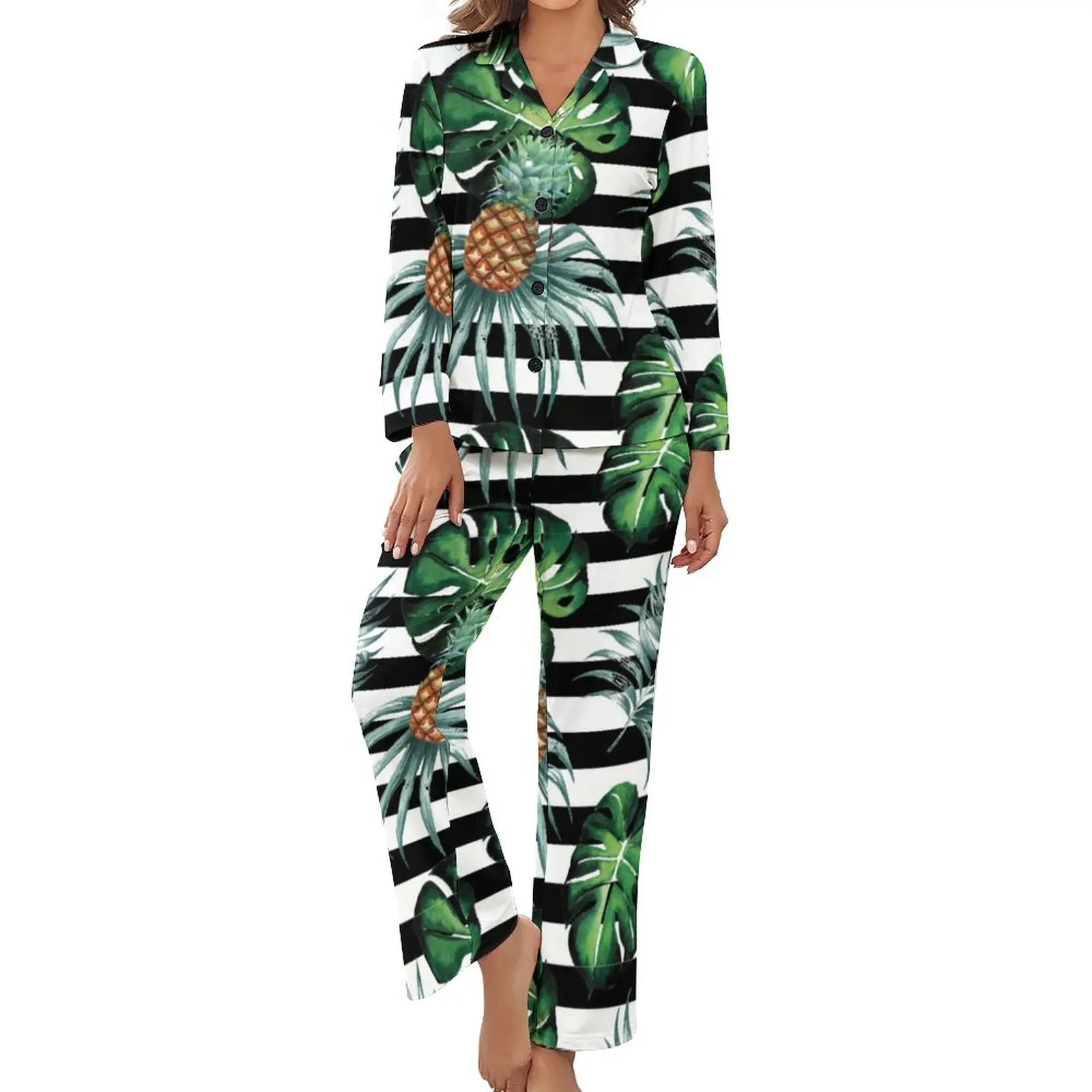 

Пижама с тропическим ананасом, Весенняя Милая пижама из 2 предметов в черную полоску с принтом, женский домашний пижамный комплект с длинным...