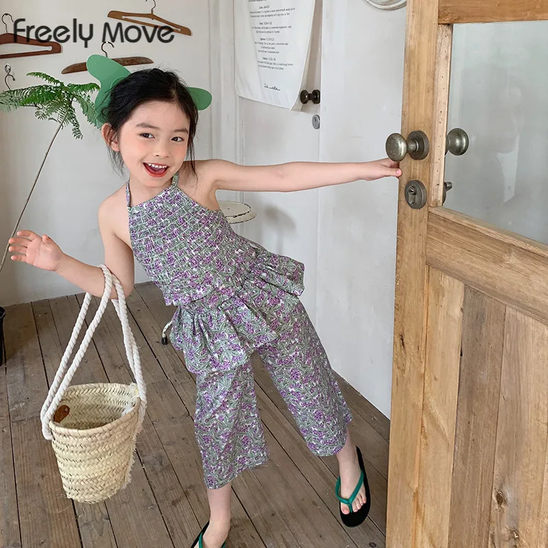 

Freely Move Baby Girl Floral Clothes Set Halter Neck Strap Vest+Pant 2PCS Infant Toddler Child Summer Crop Top Clothing Suit