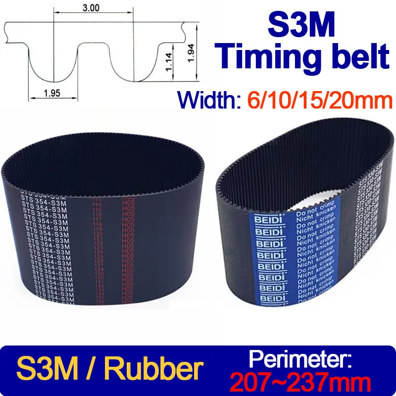 

S3M Timing Belt 207 210 213 216 219 222 225 228 231 234 237mm Length Width 6/10/15/20mm STS S3M Closed-loop Synchronous Rubber