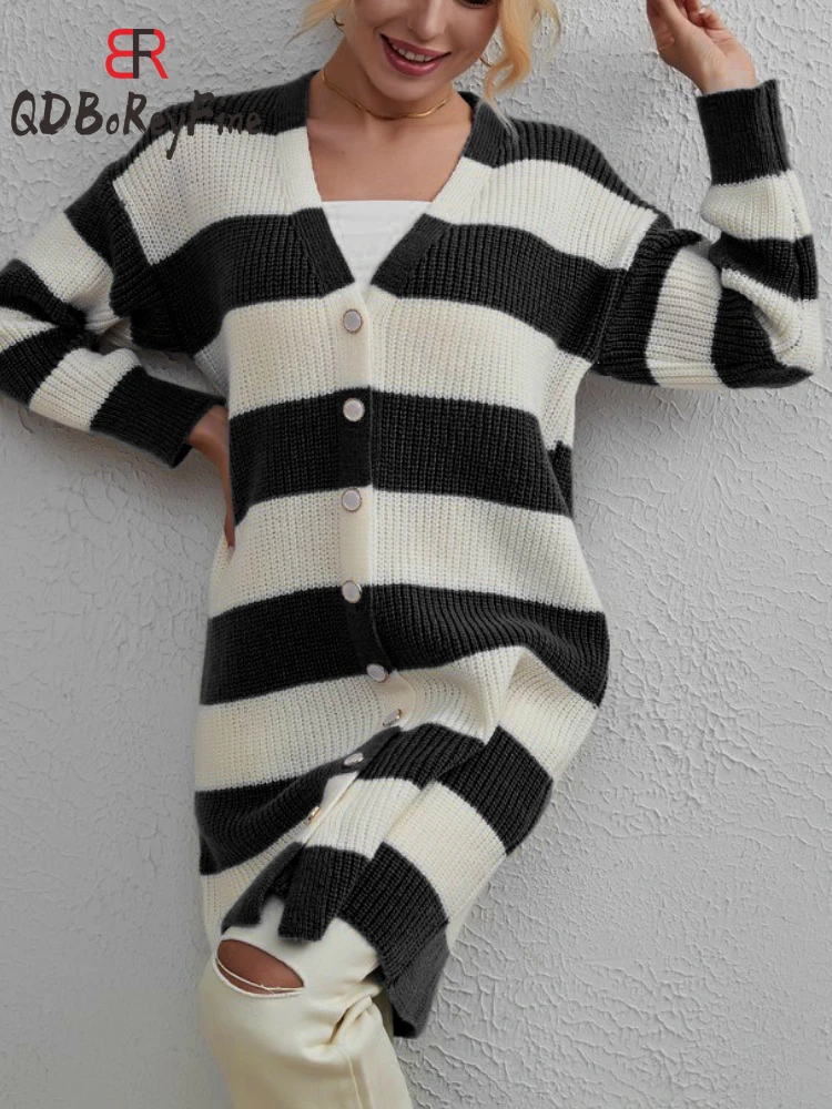 

Женский вязаный свитер, осенне-зимний Повседневный длинный кардиган оверсайз с V-образным вырезом, однобортный Топ в полоску с длинным рукавом для женщин
