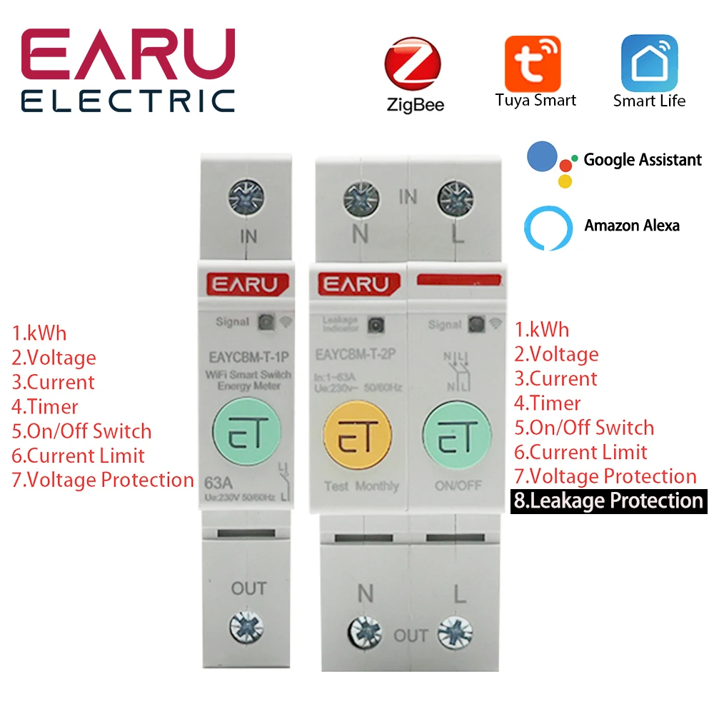 

1P 2P TUYA APP Zigbee/WIFI умный измеритель энергопотребления кВт/ч автоматический выключатель Реле времени переключатель защита от утечки напряжени...