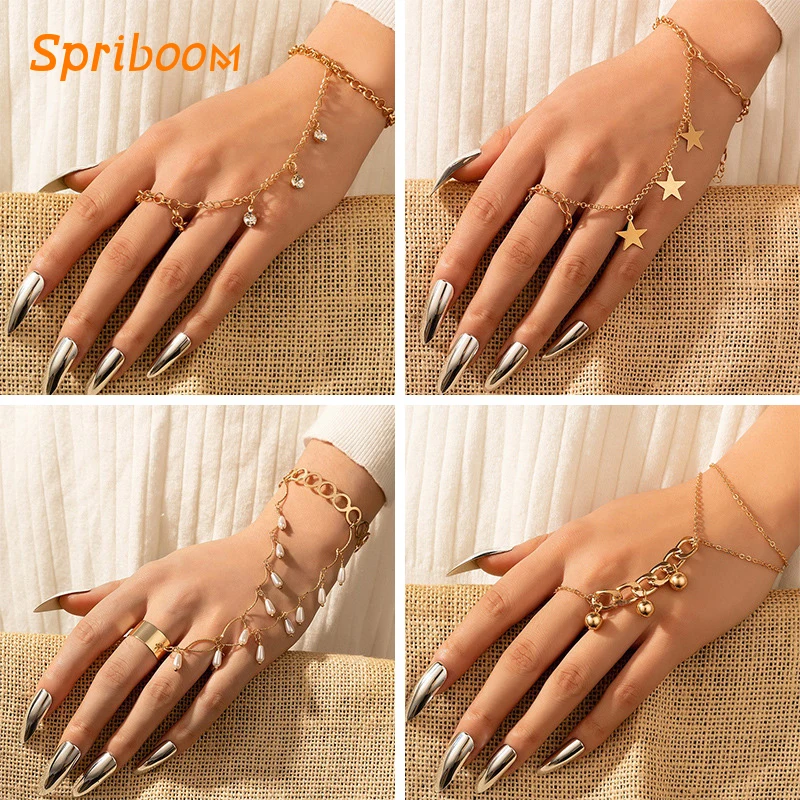 

Bohemian Punk Chain Rings for Women Statement Tassel Star Bracelet Metal Pearl Charm Finger Ring Party Vintage Bracelets Jewelry