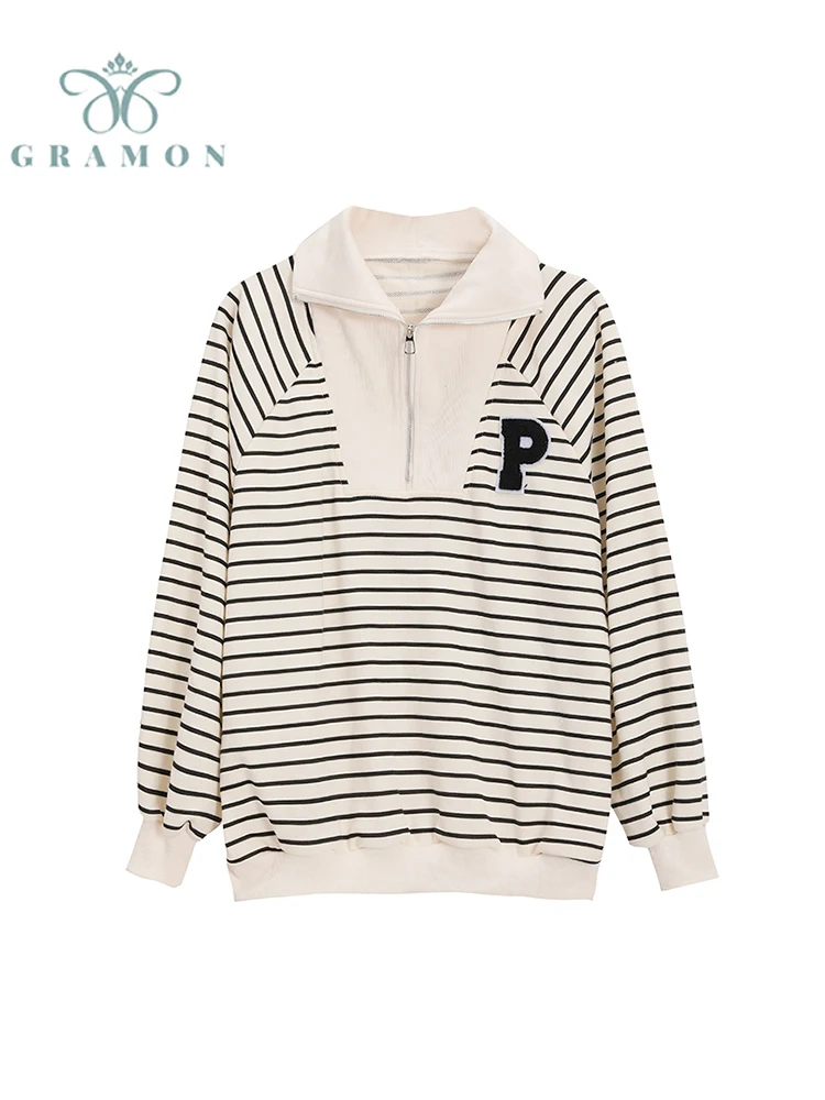 

Vintage Hoodies Women Retro Design Polo Neck Sweatshirt 2022 Autumn Baggy Casual Striped Long Sleeve All-match Tops Lady Clothes