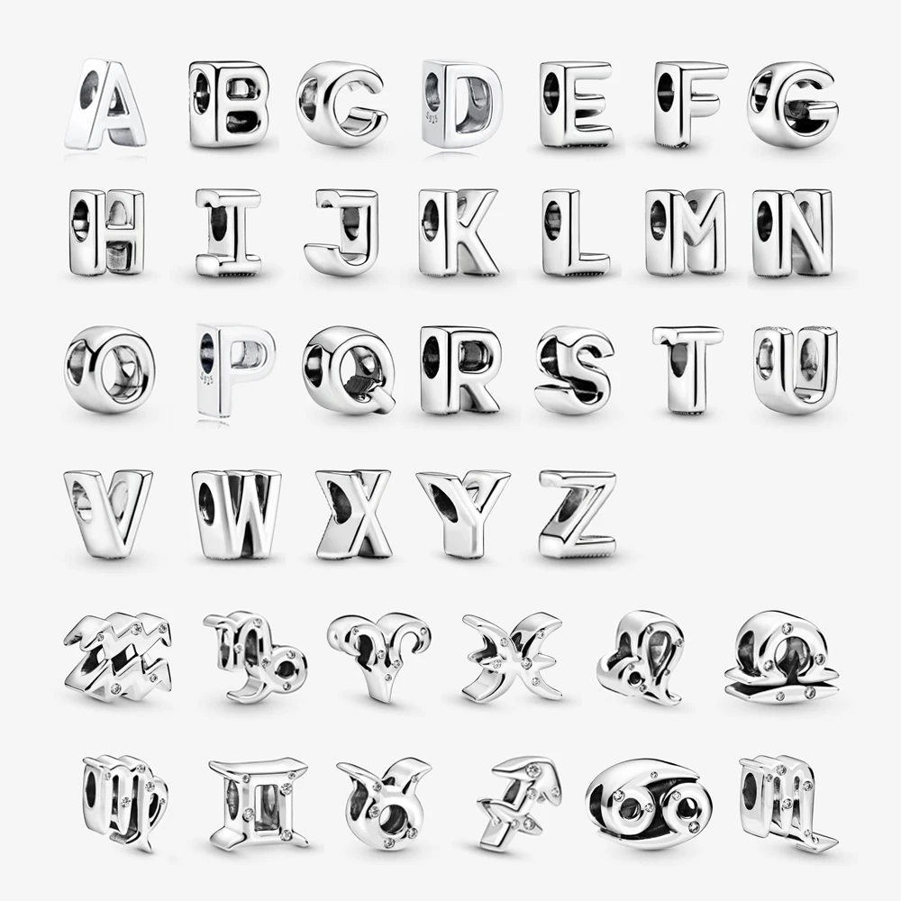 

925 Sterling Silver Charms Beads Original 12 Zodiac Aries Leo A-Z Letters Fit Pandora Bracelets Necklaces Diy Jewelry For Women