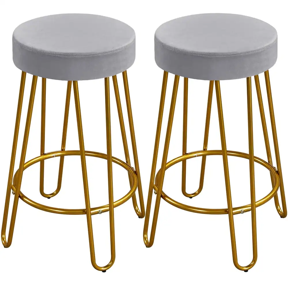 

26.5" Upholstered Velvet Bar Stools for Kitchen, 2pcs, Gray with Gold