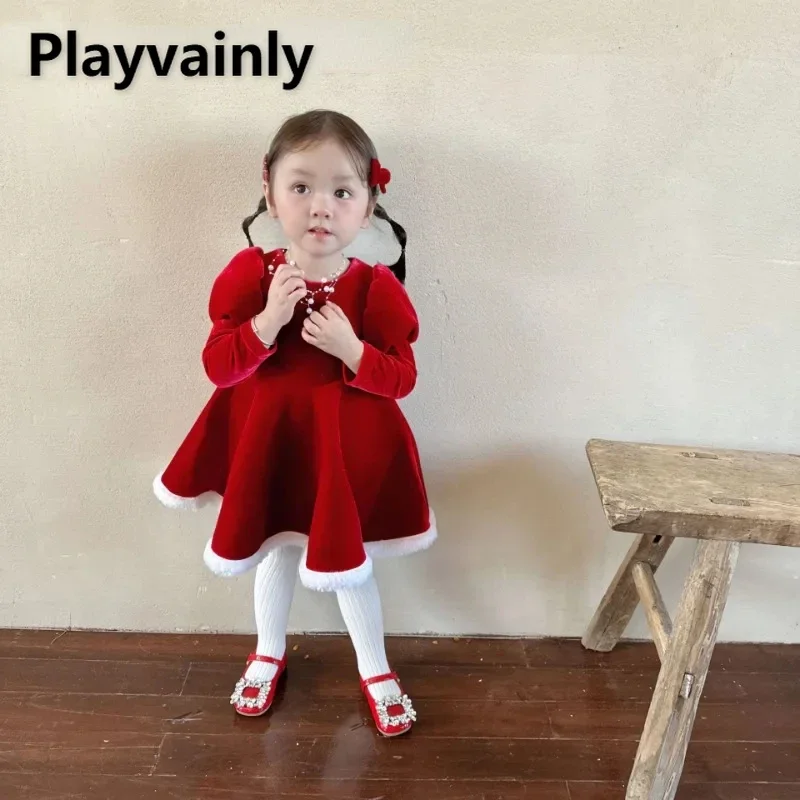 

Рождественское и новогоднее платье для девочек, красное платье принцессы с круглым вырезом и длинными рукавами-фонариками, детская одежда для выступлений на день рождения EB532