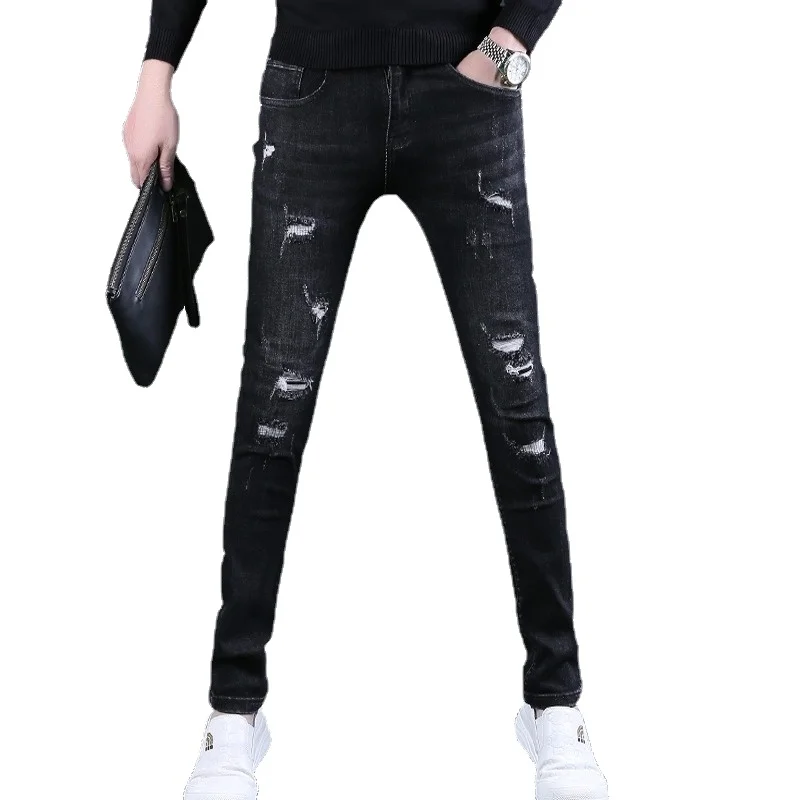 Autumn Black Ripped Jeans Men Fashion Casual Slim Fit Pencil Pants Streetwear Denim Trousers