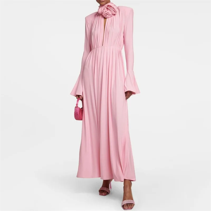 

Spring Summer 2023 New in Women's Slim Dress Removable Flower Decoration Pleated Long Skirt Korean Fashion Evening Dresses y2k