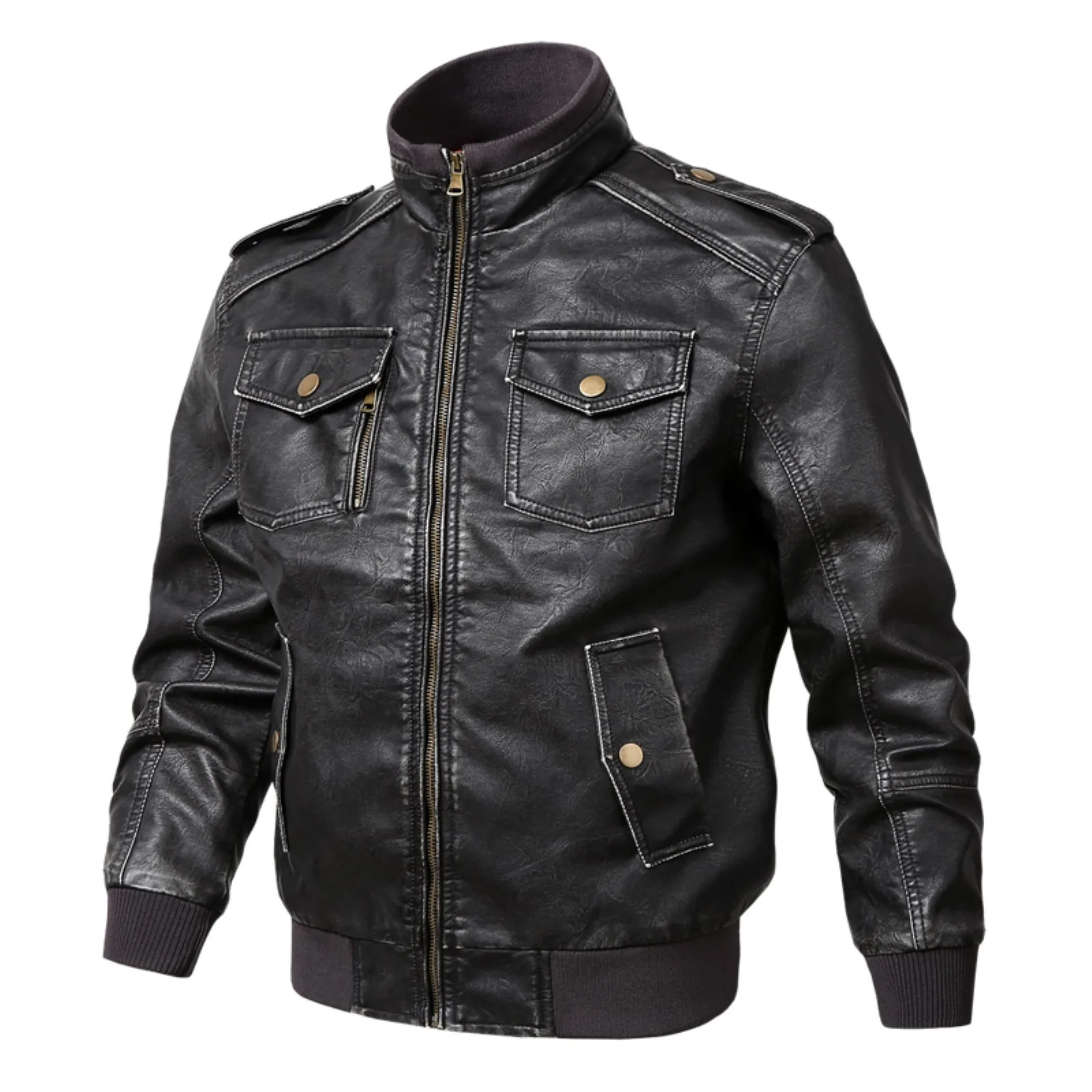 

Men's Pocket Solid Color Jacekt Coat Motorcycle Zipper Fashion Jacket Stand Collar Thick Leather Casual Jacket