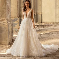 high quality a line wedding dresses open beck paillette sleeveless v neck flower 2022 brush summer floor length gowns robe de ma