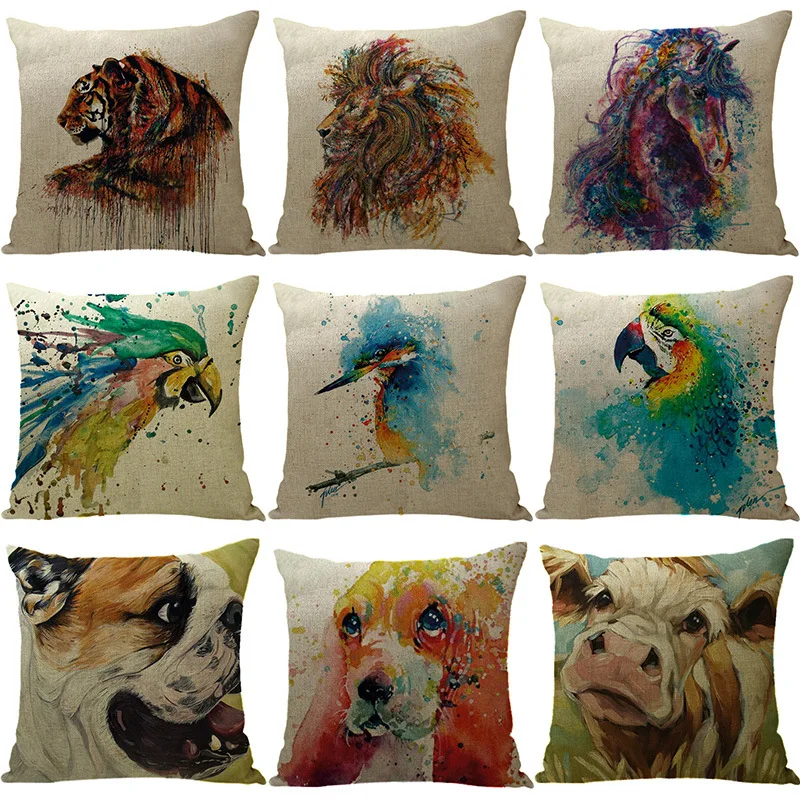 

Cute Animal Pillowscase Cartoon Owl Vintage Tiger Pig Dog Pillows Case Sofa Car Office Home Decor 45X45 50X50 Linen Pillow Cover