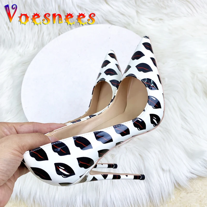 

2024 New Sexy Lips Print High Heels Europe And America Party Women Pumps PU Upper White Pointed Toe Stiletto Single Shoes 12CM
