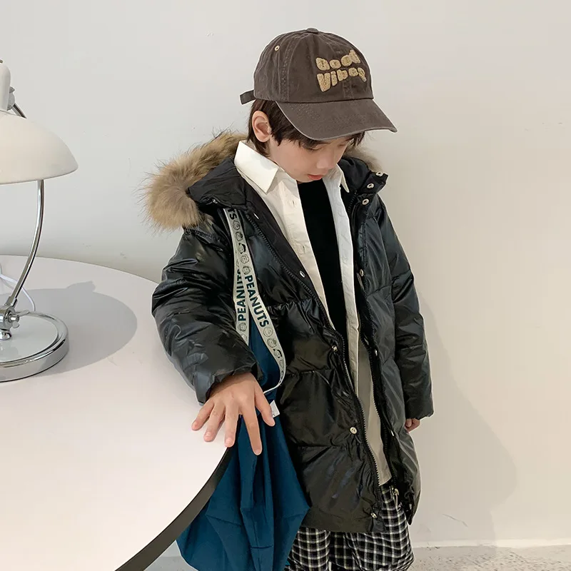 

New Winter Cotton Jacket For Children Winter Down Warm Coat For Girl With Warm Fur Collar Long Fluorescent Color Kids Coat