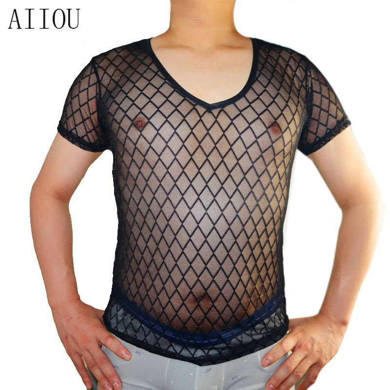 

AIIOU Gay Sexy Clothing Mens Undershirt Mesh Fishing Net Transparent Sheer Fetish Wear Short Sleeves Homme T Shirts Clubwear