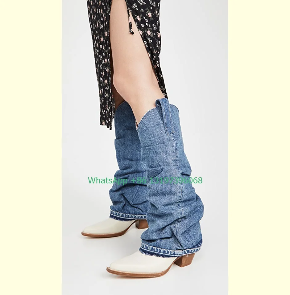 

Lady Mid Cowboy Boots Sleeves Design Sexy Pointed Toe low heel knee boots summer dress fall footwear boots party large size