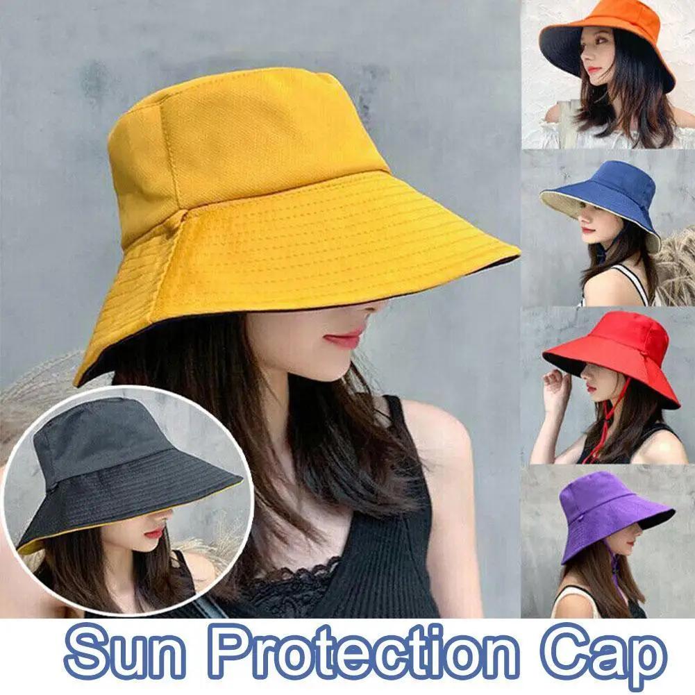 

Reversible Wide Brim Sun Hat Women Anti-UV Protection Hiking Fisherman Cap Foldable Summer Solid Beach Sun Hat 2023 Double Sided