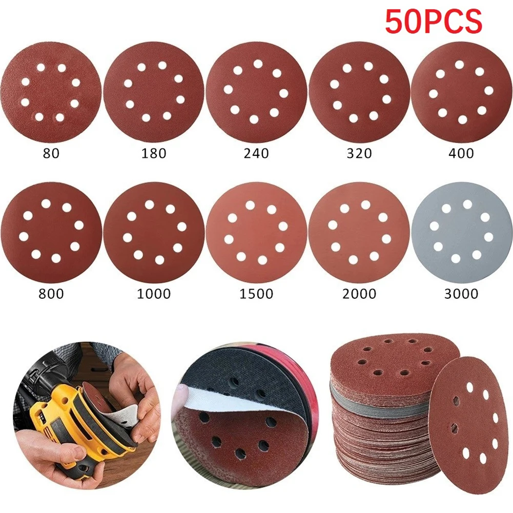 

50 Pcs Sanding Discs Sandpaper 125mm 8 Hole Mixed Grit 80-3000 Hook And Loop For Sanding Polishing Tools Accessories