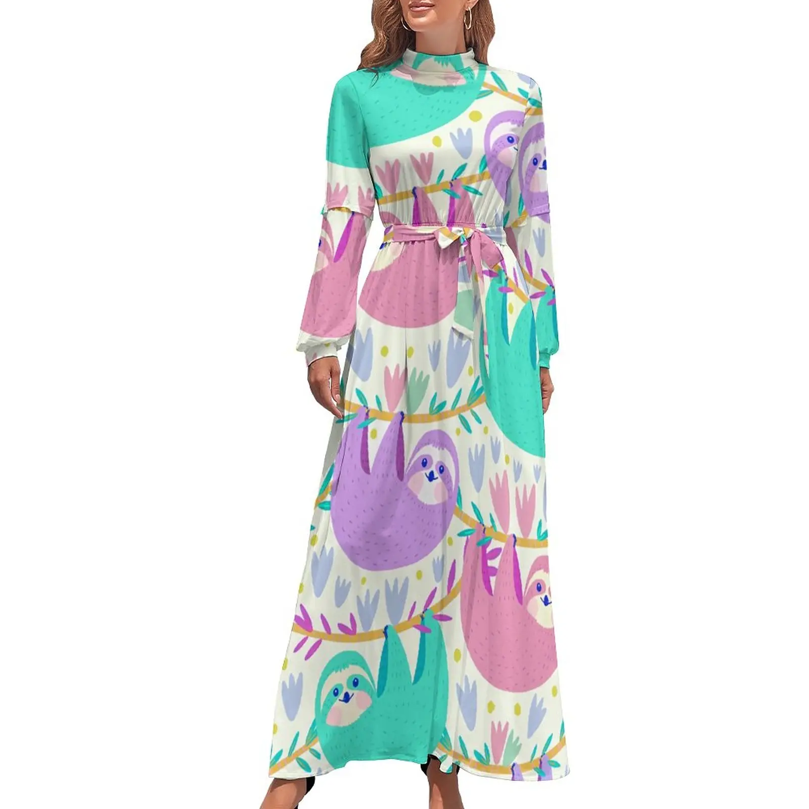 

Colorful Sloths Dress High Waist Cute Animal Print Boho Beach Dresses Long Sleeve Street Style Long Maxi Dress Vintage Vestido