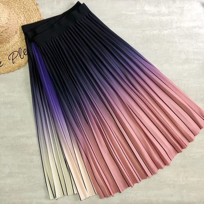 

Spring Gradient Drape high Striped A-line Pleated Maxi Long Skirts Purple Pink Navy