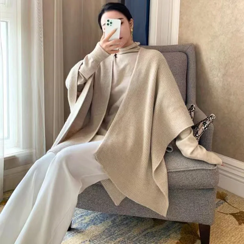 

SuperAen Knitted Set Women's New Autumn and Winter Loose Fashion Casual Shawl Cape Sweater Jacket Two-piece Set