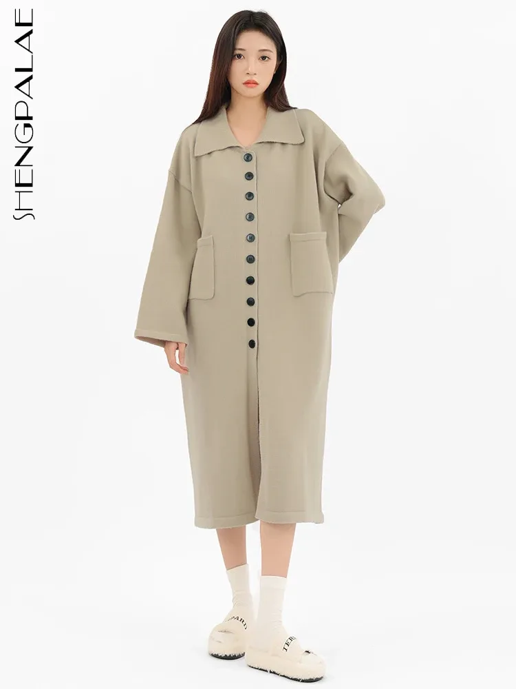 

SHENGPALAE темпераментное вязаное платье с лацканами для женщин, Осеннее однобортное платье с карманами, новинка 2023, кардиган до середины икры, халат 5R7489