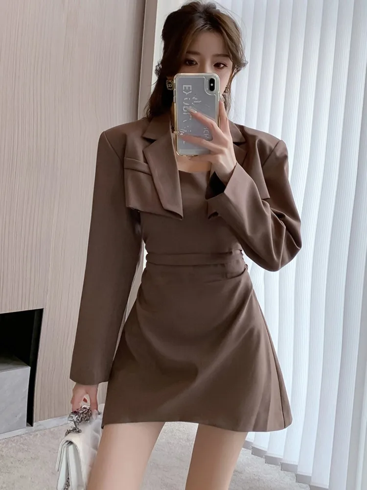 

2023 Autumn Fashion Office OL Two Piece Set Women Elegant Short Blazer Coat & Ruched Slim Waist Sexy Sling Dress Suit Female