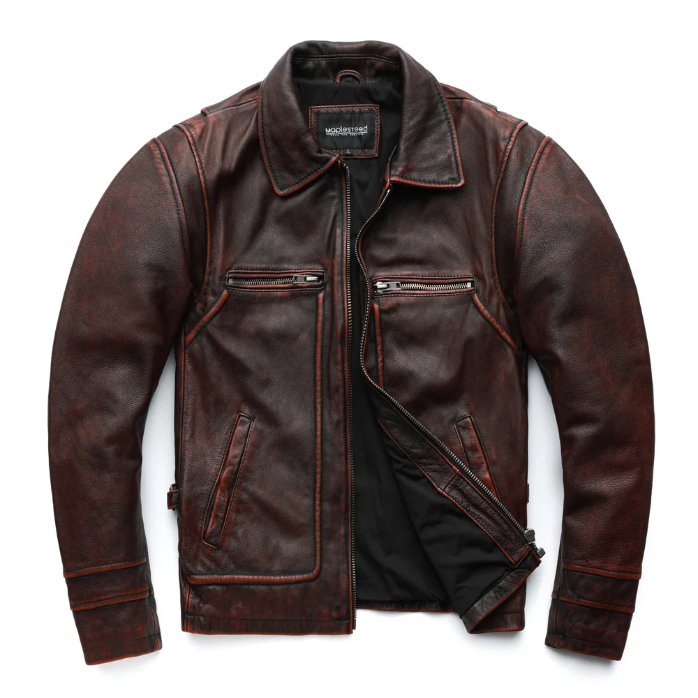 

COZOK Brand Men Leather Jacket Black Red Brown 100% Cowhide Vintage Jackets Men Winter Coat Long Sleeve 62-68cm M-5XL