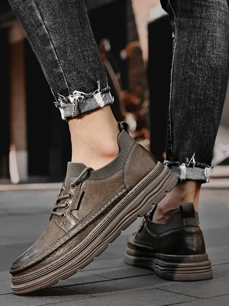 

Men's Spring Autumn Leather Casual Shoes Thick Bottom Non Slip Large Size Retro Style Business Casual Leather Shoes Work Shoes