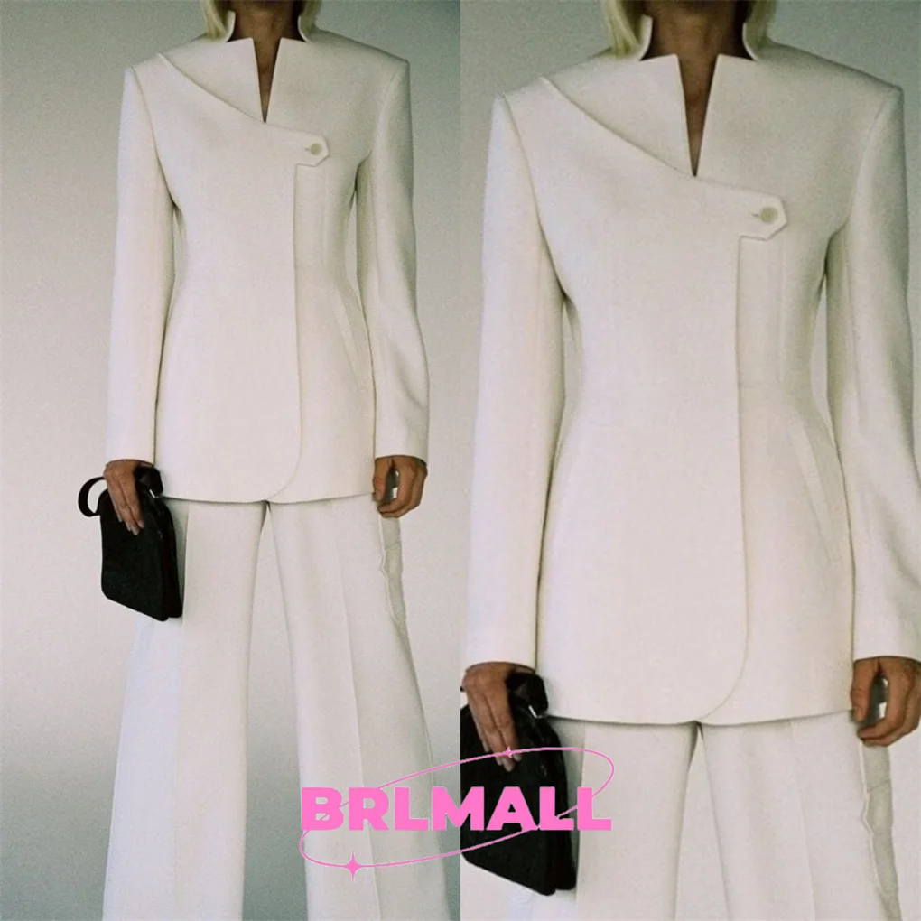 Women White Designer 2 Piece Suit Set Custom Made Wide Leg Pant Single Button Closure Wedding Guest Business Formals Christmas