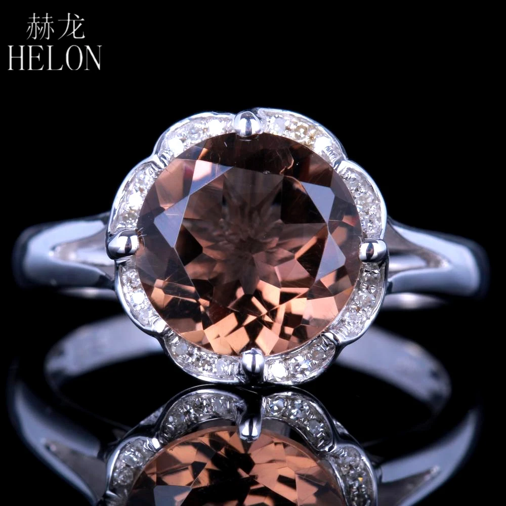 

HELON Solid 14K 10K White Gold Flawless 9mm Round Genuine Smokey Quartz Diamonds Engagement Wedding Ring For Women Fine Jewelry