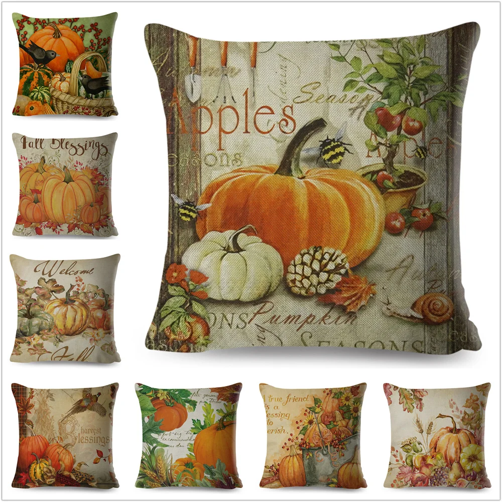 

Watercolor Pumpkin Pillow Case Decor Cartoon Colorful Plant Printed Cushion Cover for Sofa Home Polyester Pillowcase 45x45cm