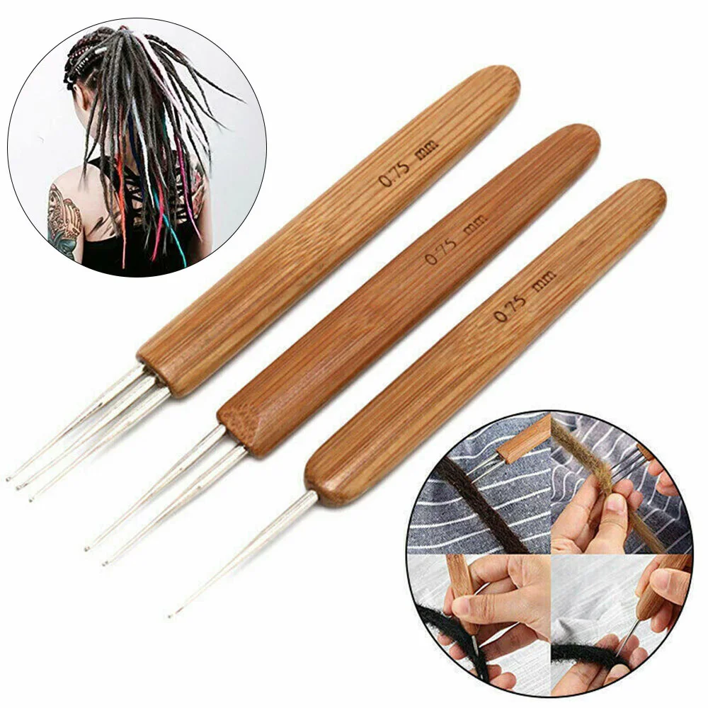 

3pcs 0.75mm Double Head Dreadlock Crochet Needle Hook Bamboo Handle Hook Tools Hair Extensions Weaving Tool for Fixing Dreadlock