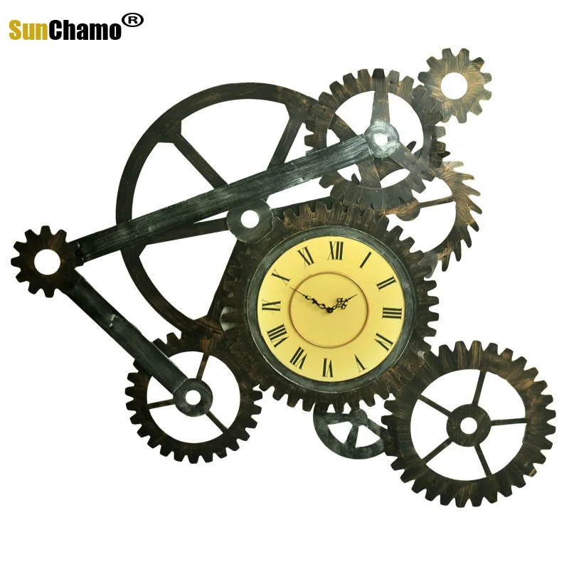 

American Retro Industrial Wind Iron Gear Mural Decoration Lager Wall Clock Hangings Bar loft Watch Home Decor 95*70*3 cm