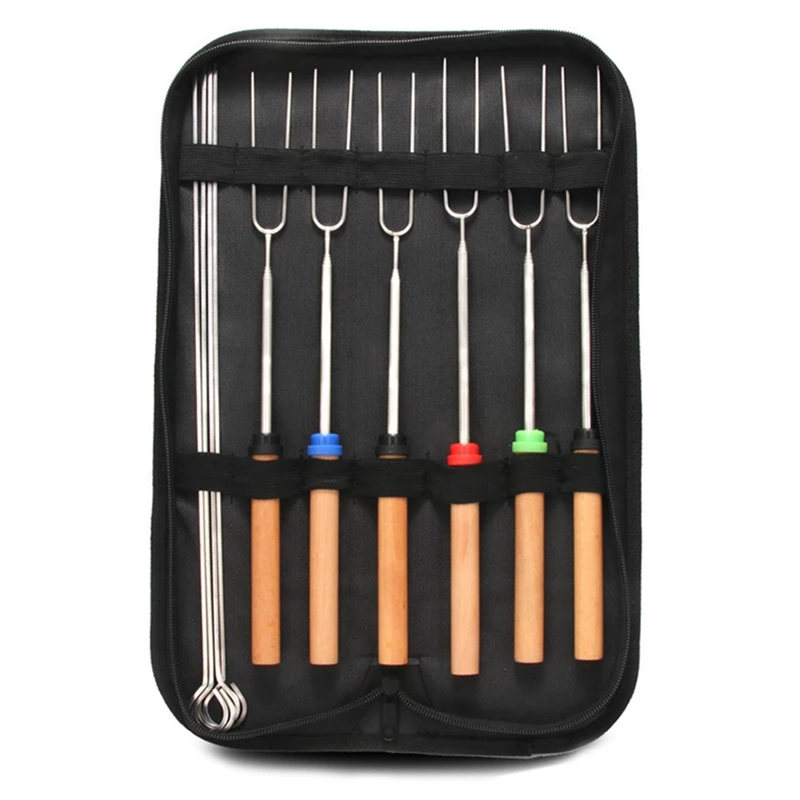 

10PCS Set Outdoor BBQ Retractable 430 Stainless Steel Barbecue Fork Color Wooden Handle BBQ Tool U-Shaped Barbecue Sign
