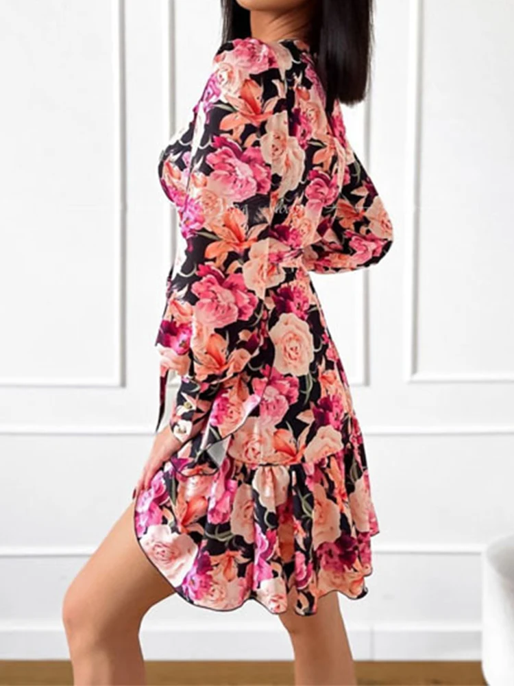 Женское офисное платье-рубашка с цветочным принтом длинным рукавом поясом и