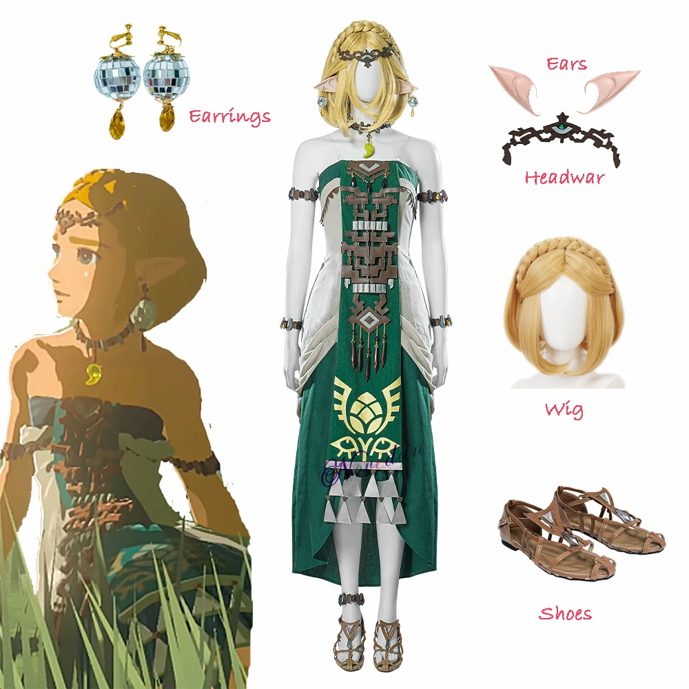 

The Legend Tears of the Kingdom Princess Zelda Cosplay Dress Elegant Earrings Necklace Wig Shoes Prop Halloween Costume Women