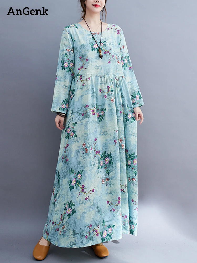 

Женское Хлопковое платье с длинным рукавом, свободное Повседневное платье с винтажным принтом, весна-осень 2022