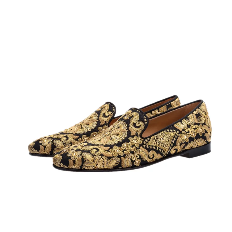 

New Luxury Men Wedding Shoes Gold Emebroidered Loafers Fashionable Nightclub Party Shoes Zapatos Hombre Private Customization
